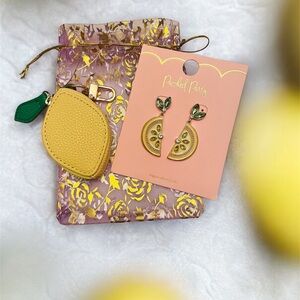 Packed Party Hypoallergenic Lemon Earrings & Lemon Coin Pouch w/Gold Accent- NWT